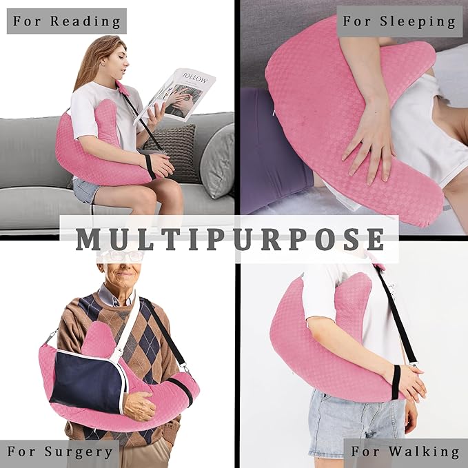 Shoulder Surgery Pillow Rotator Cuff Pillow Recovery and Pain Relief Removable with Shoulder Strap Arm Support Pillow for Side Sleeping and Walking (Dark Pink)