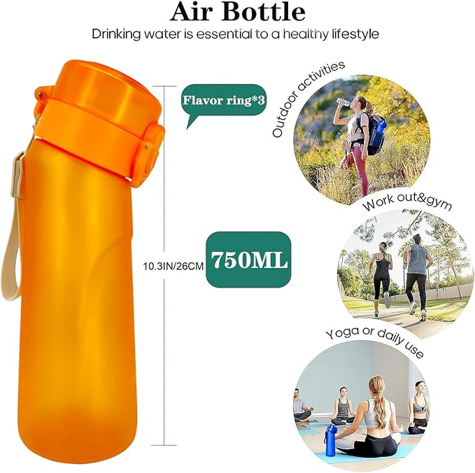 Air Water Bottle,750ML Scent Water Cup with 3 Flavour Pods,Leak Proof Sports Water Cup with Straw Suitable for Outdoor Sports,Gifts From Friends, Birthday Gifts (New Orange + 3pods)