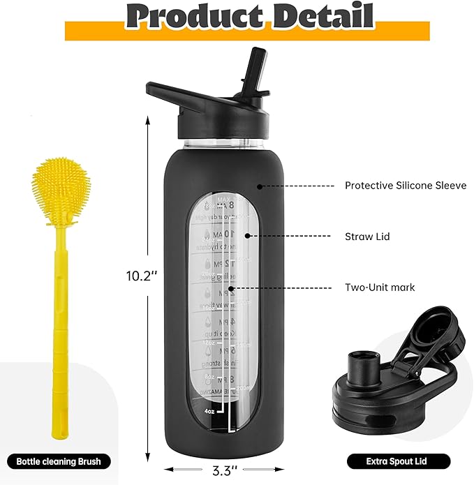 SIEROZUR 32 oz Glass Water Bottle with Straw and Handle Large Sports Motivational Water Bottle with Time Marker and 2 Lids, Leakproof Reusable Water Jug with Silicone Sleeve for Gym