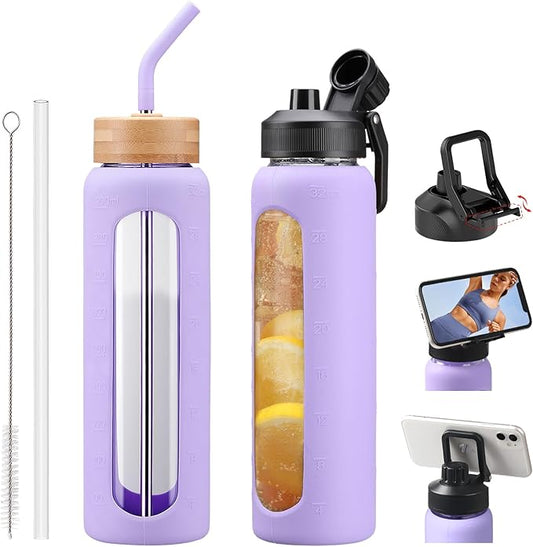 Glass Water Bottles with Straw -32oz- Water Bottle Phone Holder for Gym Large Motivational Water Bottle with Time Marker Glass Drinking Bottles 2 Lids - Spout & Bamboo Straw Lid(Purple)