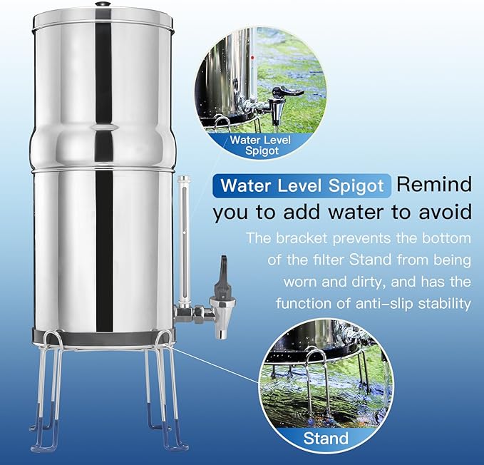 Gravity-Fed Water Filter System, 2.25G Stainless-Steel Countertop System with 2 Black NSF/ANSI 42 Certification Elements, 2 Fluoride, Metal Water Level Spigot, Reduces Fluoride and Chlorine