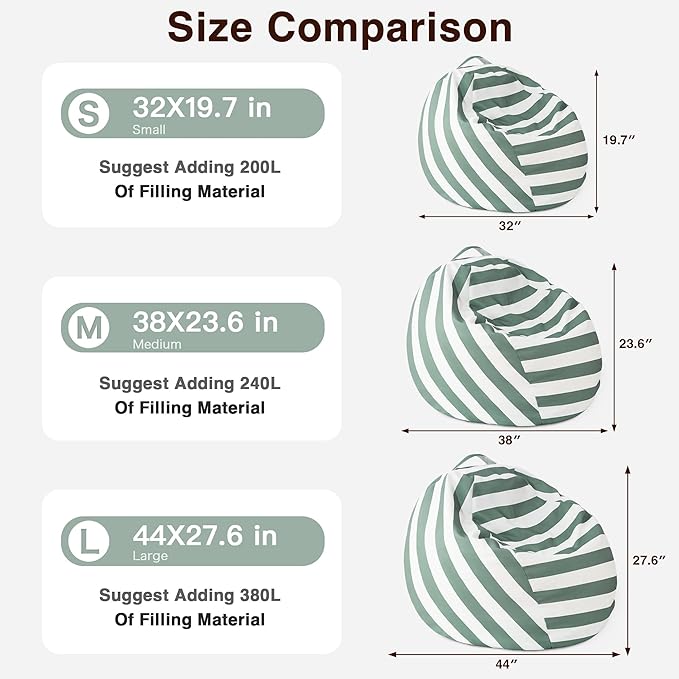 EXQ Home Kids Bean Bag Chairs Cover -Stuffed Animal Bean Bag Storage Green and White Stripes-Zipper Bean Bag for Organizing Children Plush Toys Holiday Gift for Girl,Boys