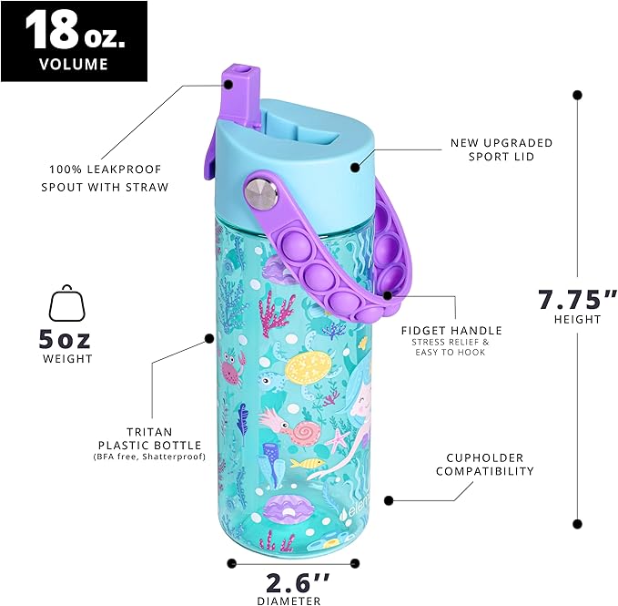 Elemental Leak Proof Water Bottles for Kids - Splash Kids Water Bottle for School with Fun Fidget Pop-it Handle - BPA Free Tritan Plastic Reusable Water Bottle with Straw - Mermaid - 18oz