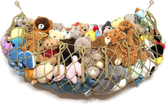 Stuffed Animal Hammock Corner Hanging Net Plush Toy Organizer Macrame Stuffed Animal Storage Display for Teddy Net Corner Toy Net for Bedroom-Khaki
