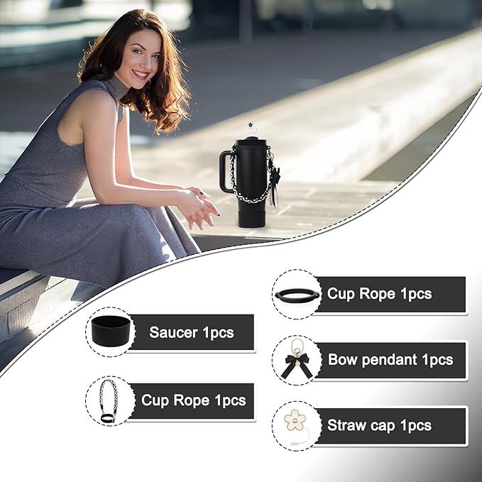 Stanley Cup Accessories Set- Water Bottle Handle Strap, Stanley Cup Protective Silicone Boot, Straw Lid Bow Design Stanley Charms for Stanley Cup 40oz /30 oz Tumbler (black)