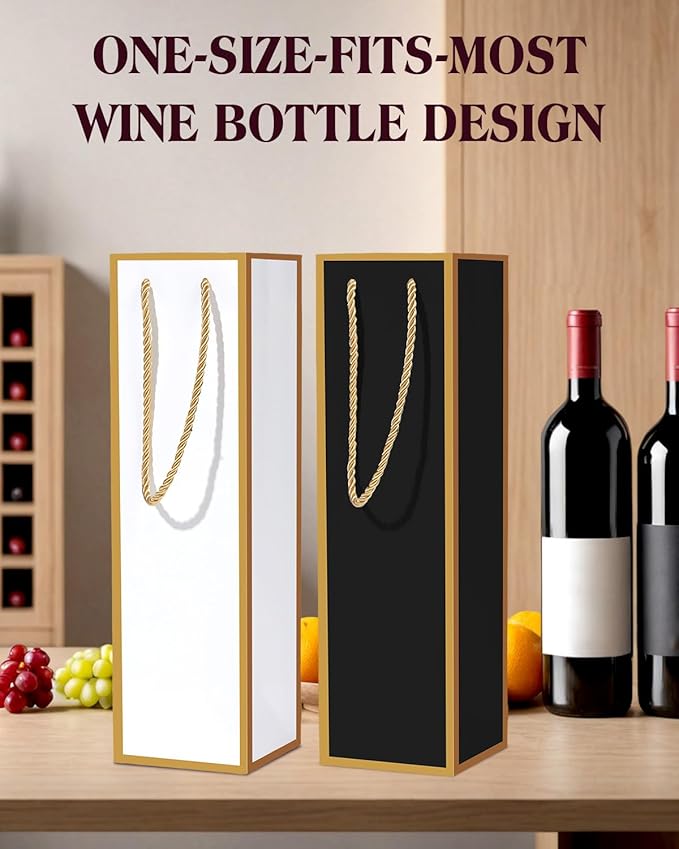 Megitzuu 12 Pack Wine Bottle Gift Bags - Wine Bags with Gold Foil Design, Reusable Bottle Totes for Fathers Day, 13.8"x4"x4" Kraft Paper Wine Bag with Handles for Birthday Party Wedding Bridal Shower