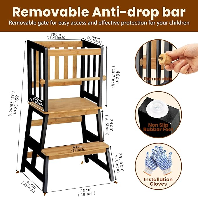 COSYLAND Kids Kitchen Step Stool, Toddler Standing Tower with CPC & FSC Certification, Removable Anti-Drop Railing Safety Rail Enjoys Unique Patented Design A Anti-tip Stable Structure Natural & Black