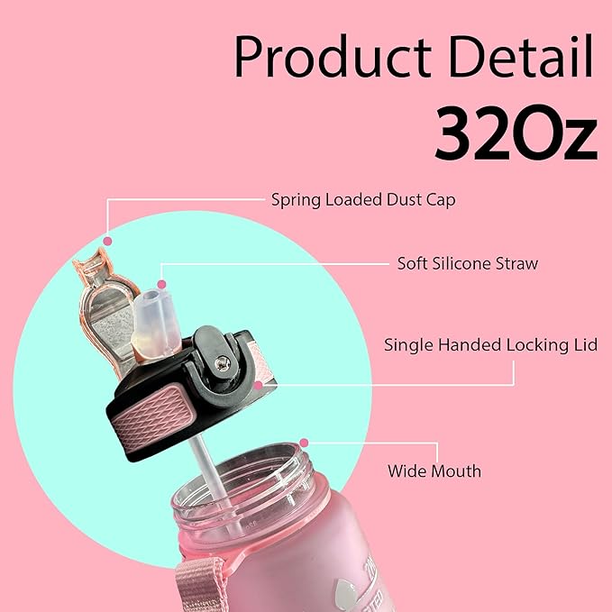 Yaa Fresh Water Bottles, 32oz Motivational Sports Water Bottle with Time Marker-Times to Drink-Tritan, BPA Free, Leakproof water bottle (1 Pack) (Pink), 1101-1