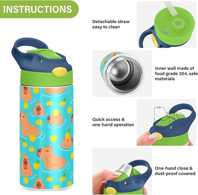 Cute Capybaras Kids Water Bottle with Straw Lemon Insulated Stainless Steel BPA-Free Sport Bottles for Boys Girls Toddlers 12 oz Green Lid