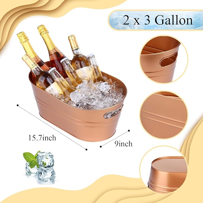 Ice Buckets for Parties 2 Pcs 3 Gallon Galvanized Beverage Metal Tub Champagne Drink Wine Coppery Large Ice Bucket with Scoops for Cocktail Mimosa Bar Supplies