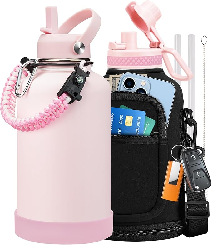 64 oz Insulated Water Bottle - Stainless Steel (Cold 48H), Leak Proof & BPA-Free Half Gallon Water Jug with Paracord Handle, Straw Spout Lids, Carrier Case, Metal Flask for Women Gym School, Pink