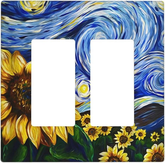Vintage Abstract Blue Starry Sunflower 2 Gang Rocker Decora Light Switch Covers Dual Outlet Covers Wall Plate Decorative Switchplate Electrical Faceplate GFCI for Farmhouse Country Bedroom Decor