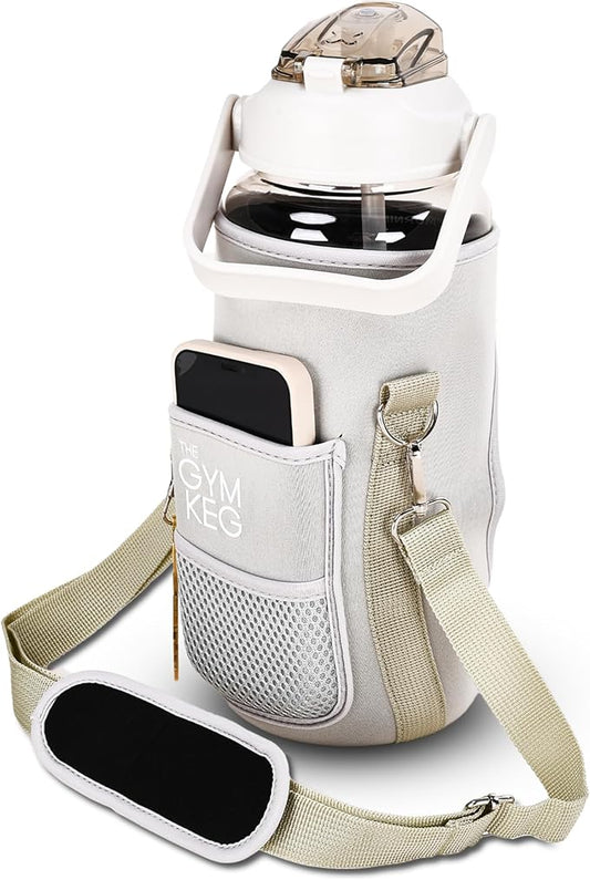 THE GYM KEG 74oz Large Water Bottle with Carrier - Water Bottles with Strap for Gym, Workout or Sports - Daily Water Jug for Men and Women - Neoprene Sleeve - Cream - 11.6x5.3 inch