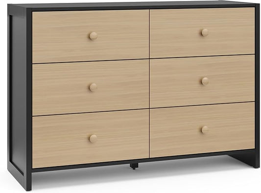 Storkcraft Calabasas 6 Drawer Dresser (Black with Driftwood) - GREENGUARD Gold Certified, 6 Drawer Dresser with Interlocking Drawer System, Dresser Drawer Organizer for Kids' Bedroom