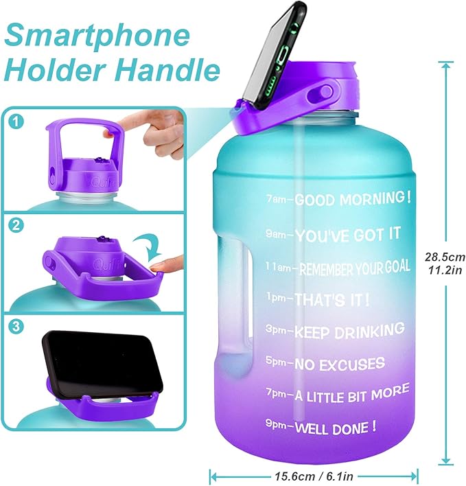 QuiFit 1 Gallon Water Bottle - with Straw & Motivational Time Marker Leak-Proof BPA Free Reusable Gym Sports Outdoor Large(128OZ) Capacity Water Jug(Green/Purple Gradient,1 Gallon)