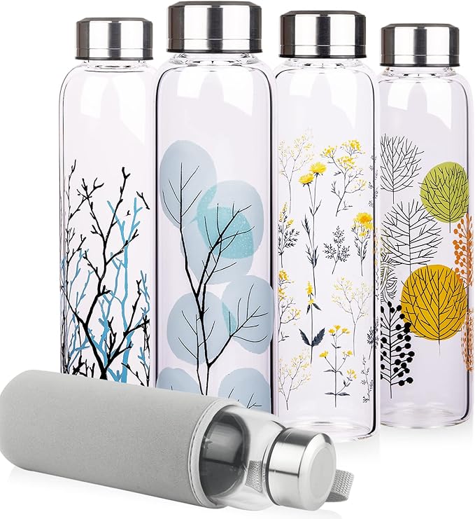 Borosilicate Glass Water Bottle, Sports Glass Drinking Bottle with Neoprene Sleeve and Stainless Steel Lid 16oz / 32oz (32oz, Blue Leaves)