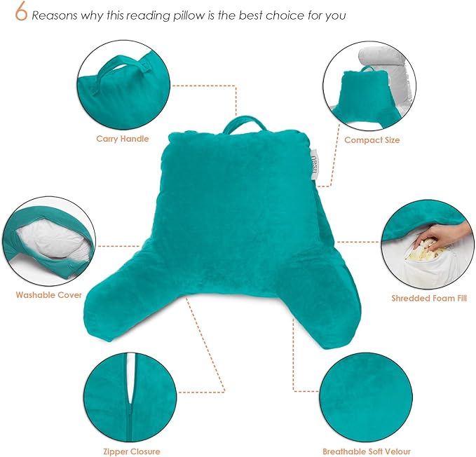Nestl Reading Pillow for Kids, Small Bed Pillow, Back Pillow for Sitting in Bed, Memory Foam Chair Pillow, Reading & Bed Rest Pillows, Teal Back Pillow for Bed, Arm Pillow with Pockets