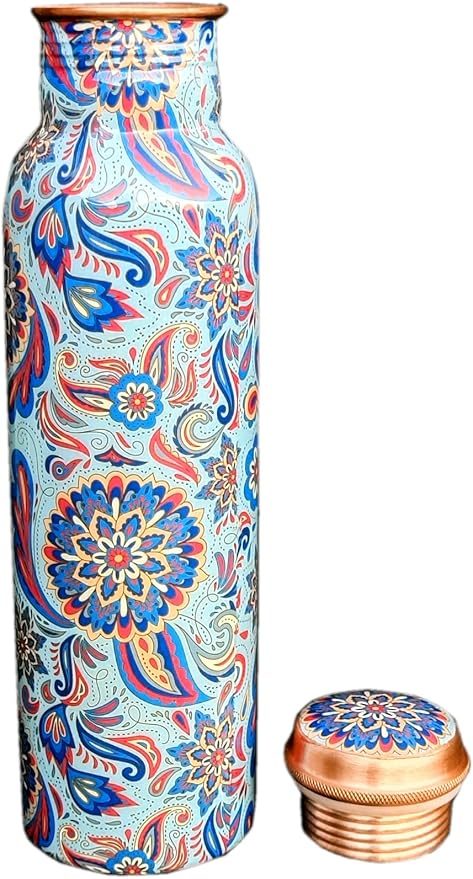 Copper Ayurveda Copper Water Bottle for Drinking – Travel Water Bottle for Gym, Yoga, Office, Hiking, Outdoor – with Lid (Blue - Meena)