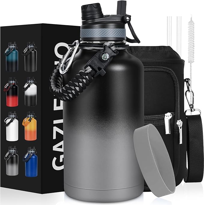 Insulated Water Bottle 64 oz, Half Gallon Water Jug Cold 48H, BPA Free Stainless Steel Bottles with Straw/Chug 2-in-1 Lid, Bag, Paracord Handle, Silicone Boot, Sports Gym School Metal Flask