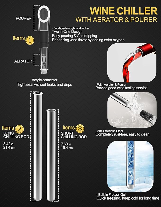 6pcs Wine Chiller Set - 2 Wine Bottle Cooler Sticks + 1 Wine Aerator Pourer + 1 Foil Cutter + 2 Wine Stoppers, Wine Tasting Drinking Accessory, Hosting Wine Gift for Wine Lover Women Men