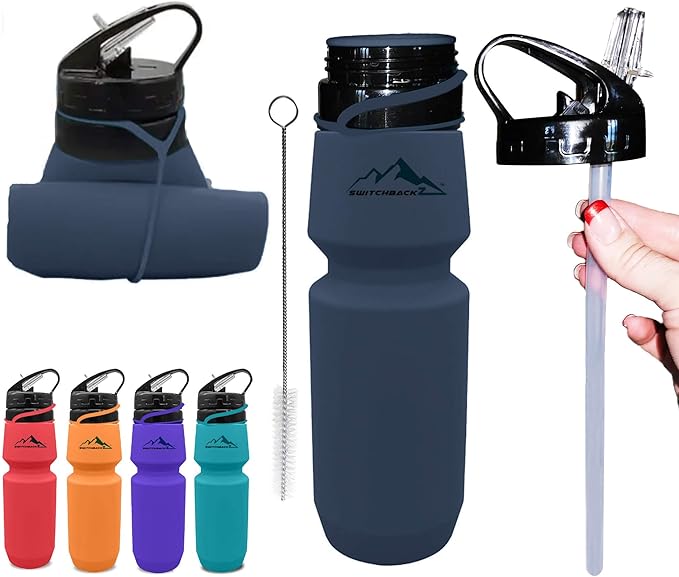 Collapsible Water Bottle (25Oz) - BPA Free Silicone Space Saving Collapse Water Bottle W/ Removable Straw | Temperature Resistant Collapsible Water Bottles For Travel And Rugged Outdoor Activities
