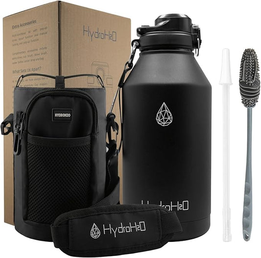 64 oz Insulated Water Bottle With Straw Pop-up & Auto Spout Lid, Flex Handel, Waterbottle Strap Carrier, Half Gallon Stainless Steel Water Hydro Jug Thermo Flask (Black)