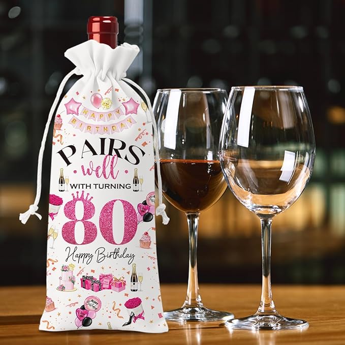 80th Birthday Gifts for Women Men Wine Bag, Birthday Gifts for 80 Year Olds Woman, Happy 80th Birthday Party Decorations for Women Men, Pairs Well with Turning 80 Wine Bags (White Pink)