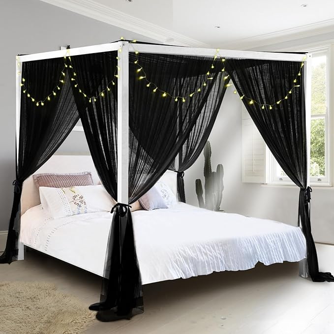 South to East Black Canopy Bed Curtains, 4 Corner Post Bed Canopy for Girls & Adults, Top Luxurious Bed Drapes for Bedroom Decoration, 4 Openings, 100% Ripstop Polyester, Easy Install, King/Queen Size
