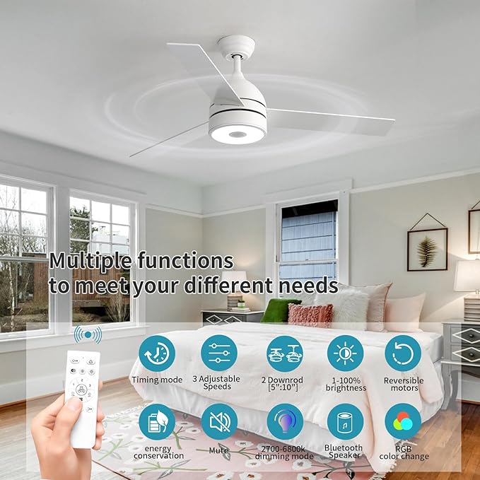 52 Inch Ceiling Fan With RGB Dimming LED Light,With Music Bluetooth Speaker,Remote Control,3-Speed Regulation, Reversible Motor,Timing,For Living room,Bedroom,Restaurant,Outdoor