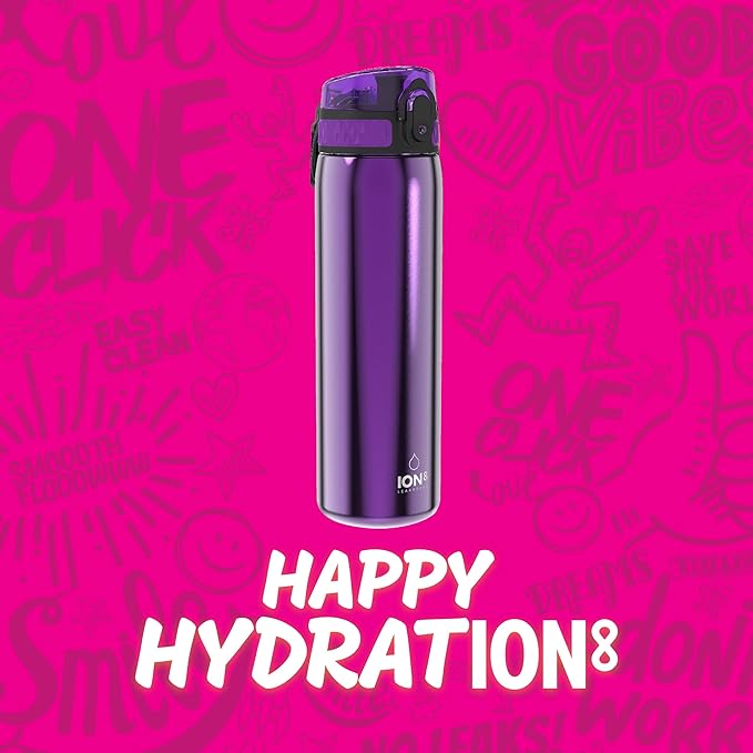 Ion8 Steel Water Bottle, 600 ml/20 oz, Leak Proof, Easy to Open, Secure Lock, Dishwasher Safe, Hygienic Flip Cover, Fits Cup Holders, Carry Handle, Durable, Carbon Neutral, Metallic Purple