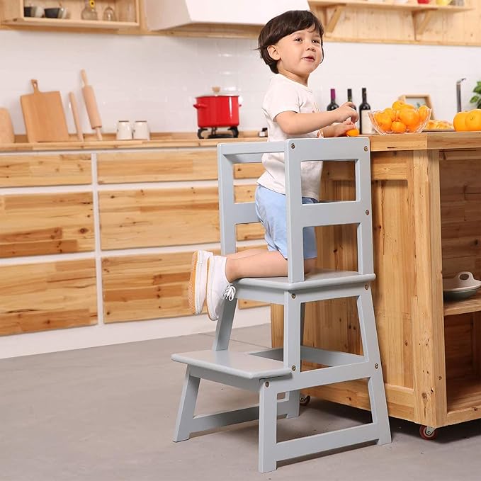 SDADI Kitchen Step Stool for Toddlers and Kids Ages 18 Months to 3 Years Old with Adjustable Height and Solid Wood Railings, Gray