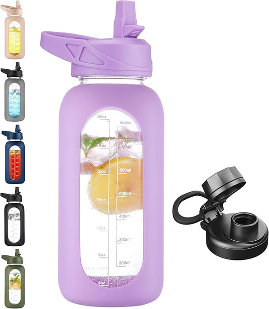 CIVAGO 32 oz Glass Water Bottle with Straw and Handle, Large Sports Motivational Water Bottle Flask with Time Marker, Leakproof Water Jug Canteen with Silicone Sleeve for Gym,Light Purple
