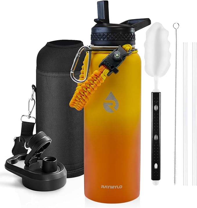 Insulated Water Bottle 40 oz, Triple Wall Vacuum Stainless Steel (Cold for 48 Hrs), Leak Proof & Non-BPA, Modern Water Flask Jug with Paracord Handle & Straw Spout Lids, Ombre Orange