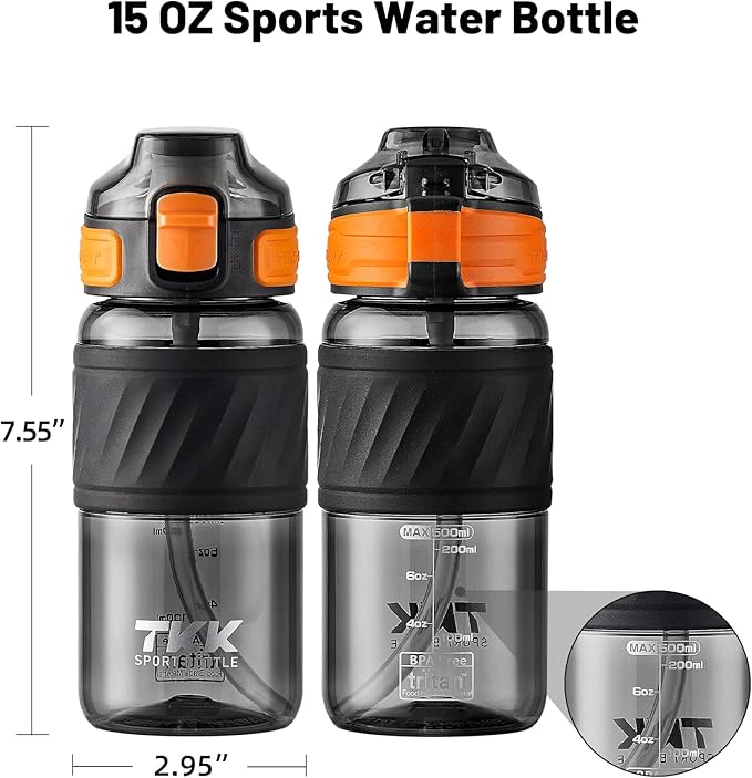 TKK 15oz Sports Water Bottles with Removable Straw Durable BPA Free Tritan Bottles Leak-Proof Water Bottles for School, Fitness, Gym, Outdoor, Black