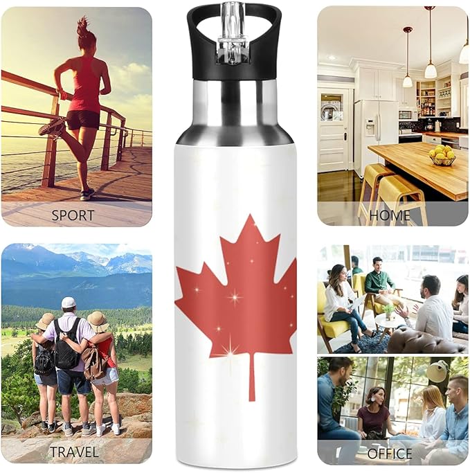 Canadian Flag Sports Water Bottle, Double Wall Vacuum Insulated Stainless Steel Water Bottle with Straw Keeps Hot and Cold, Bike Running Sports Travel Gym 20oz