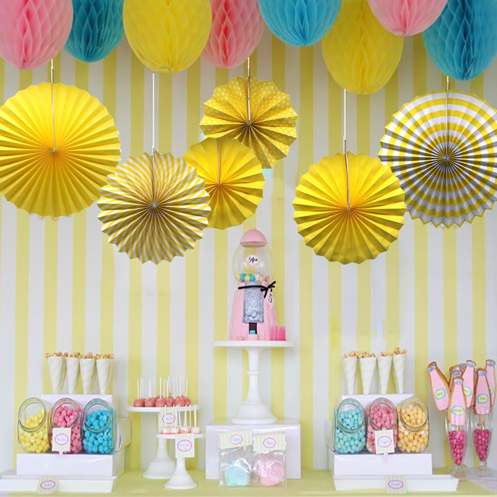 ADLKGG Party Hanging Paper Fans Set, Yellow Round Pattern Paper Garlands Decoration for Birthday Wedding Graduation Events Accessories, Set of 6