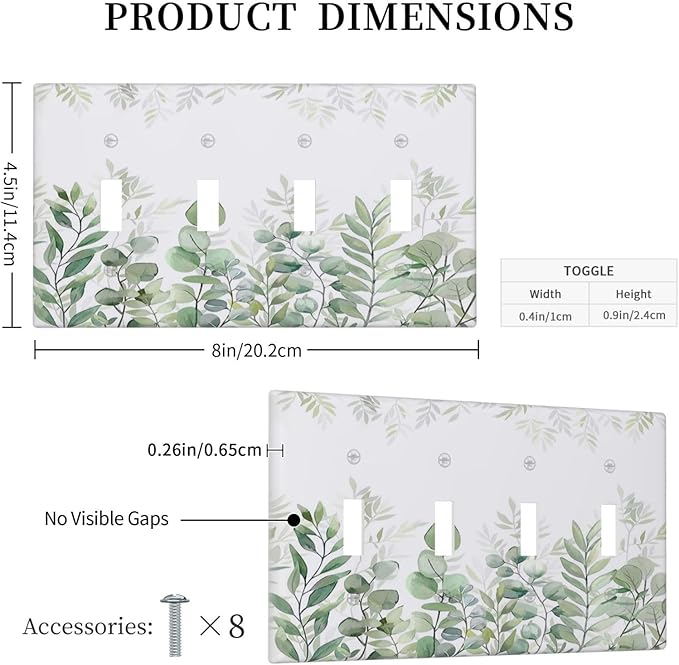 Green Eucalyptus Rustic Botanical Plant Leaves Quad Toggle Boho Light Switch Covers Decorative 4 Gang Wall Plate Electrical Faceplate Switchplate for Country Bedroom Bathroom Decor