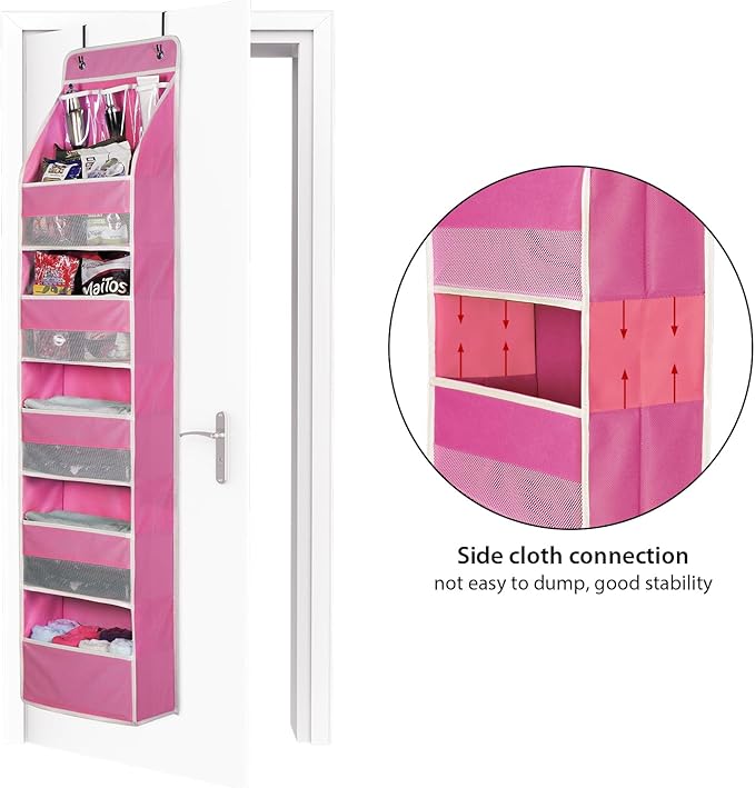 Univivi Door Hanging Organizer Nursery Over the Door Organizer Baby Storage with 5 Large Pockets and 3 Small PVC Pockets for Cosmetics, Toys and Sundries (Pink)