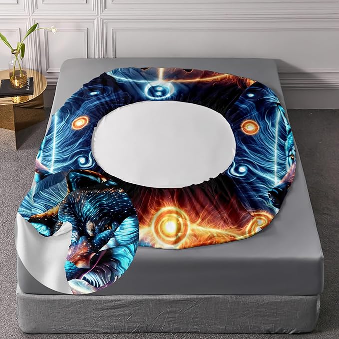 AILONEN Boys Wolf Fitted Sheet Set Full Wolf Bed Sheet Set, Wildlife Animal Theme Fitted Sheet with 2 Pillowcases,3 Pieces Ice and Fire Light Wolves Print Fitted Sheet Set