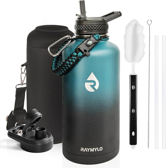 Insulated Water Bottle 87 oz, Triple Wall Vacuum Stainless Steel (Cold for 48 Hrs), Leak Proof & Non-BPA, Modern Water Flask Jug with Paracord Handle & Straw Spout Lids, Indigo/Black