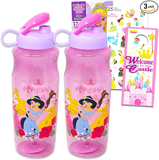 Disney Princess Water Bottle Set for Kids – Bundle with 3 Disney Princess Drinking Bottles, Stickers, and More | Princess Drinking Cups