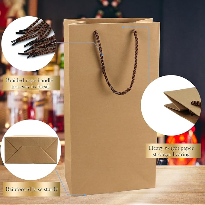 Prembag Kraft Paper Wine Bags for Double Wine Bottle,Double Wine Gift Bags, 7"x 3.5"x13.8" Whiskey/Liquor Wine Bottle Bags For Gifts, 2 Bottle Wine Bags with Rope Handles,4 Pcs