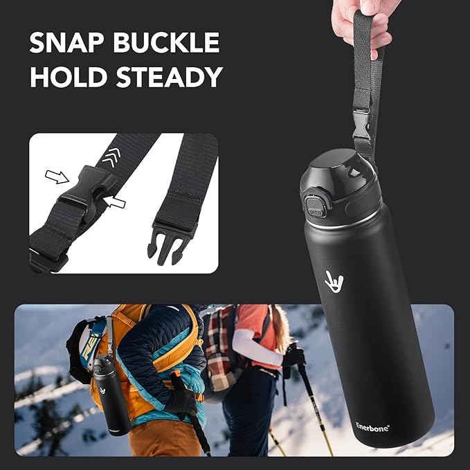 Enerbone Insulated Water Bottle, 32 oz Stainless Steel Water Bottles with Carrying Strap, Double-Wall Vacuum Insulation Thermos, Leakproof Sports Bottle with Straw, Keep Drinks Hot or Cold for Hours