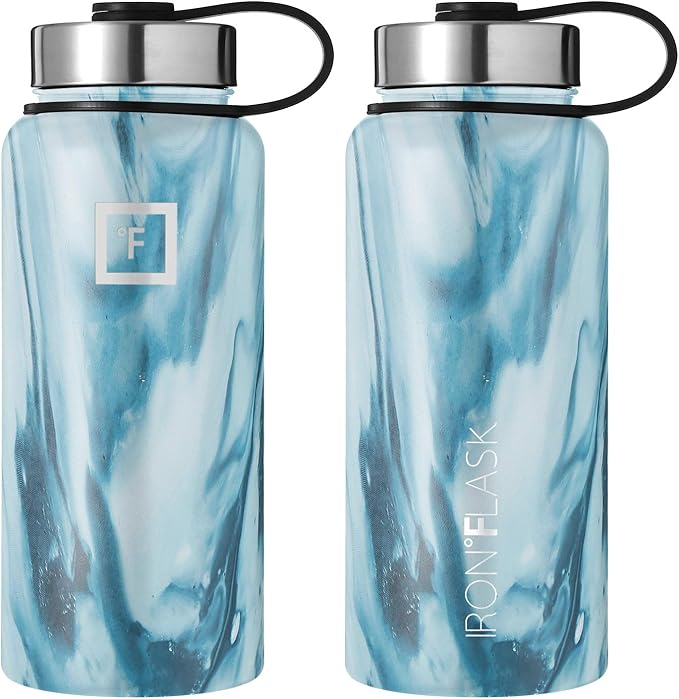 IRON °FLASK Camping & Hiking Hydration Flask, Wide Mouth, 3 Straw Lids, Stainless Steel Outdoor Water Bottle, Double Walled, Insulated Thermos, Metal Canteen - Ocean, 32 Oz