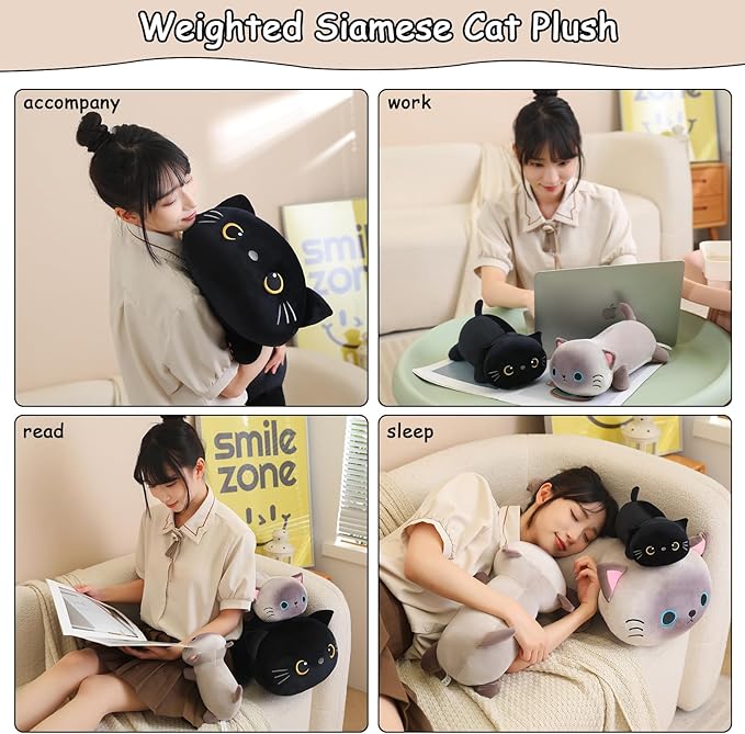 SQEQE Weighted Black Cat Plush, Weighted Black Cat Stuffed Animal for Anxiety, Cute Black Cat Plushies Soft Black Cat Pillow Toy Gift for Kids Adults 23.6 Inch, 3.1 lbs