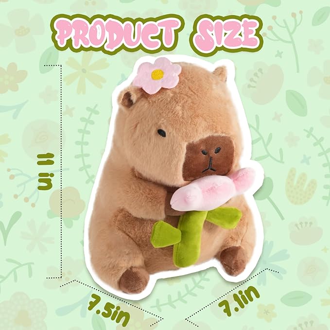 Flower Capybara Plush, Cute Capybara Plush Pillow Kawaii Flower Stuffed Aniamls Capybara Plushies Toys Gifts for Kids 11 inch