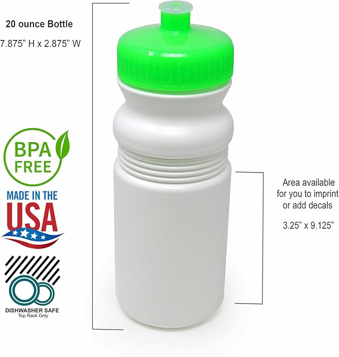 Rolling Sands 20 Oz Sports Water Bottles 6 Pk, Made In USA, BPA-Free, Dishwasher Safe, White Bottles/Neon Lime Green Lids