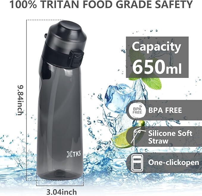 Water Bottle,650ml Water Bottle,Water Bottle with Flavor Pods,Leak Proof Sports Water Cup with Straw,Water Bottle Suitable for Outdoor Sports(Black)