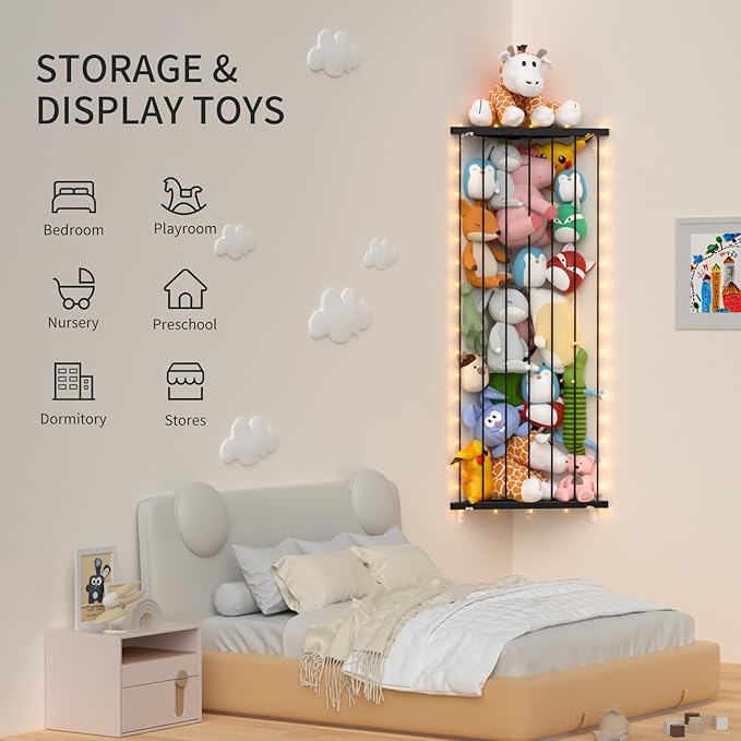 Stuffed Animal Storage Toy Organizer: Corner Stuff Animals Holder for Wall with LED Light - Kids Plush Toys Storage with Adjustable Length for Nursery Playroom Bedroom Kids Room(Black)