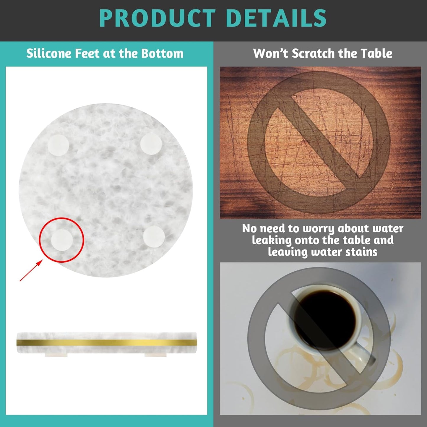 White Marble Coasters Set of 4 with Elegant Gold Brass Ring, Natural Marble Stone Coasters with Silicone Feet for Table Protection, Elegant Home Decor and Bar Tools